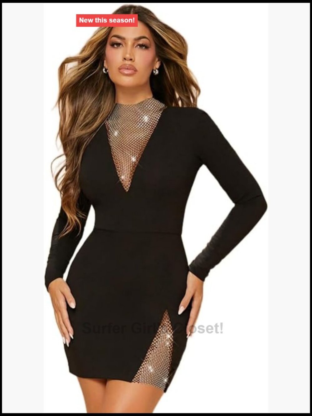 Women's Rhinestone Mesh Panel Bodycon Mini Dress - Long Sleeve High Neck Slit